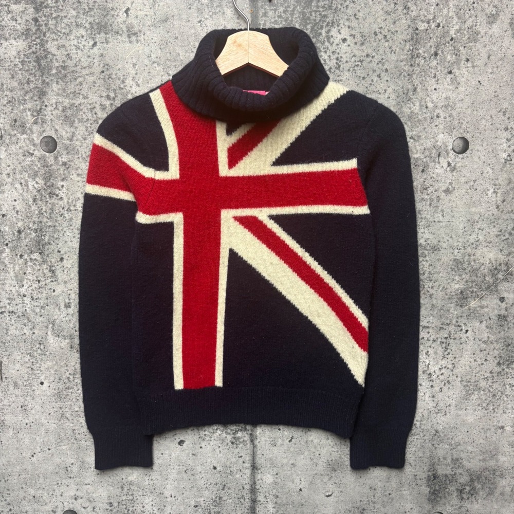 Lambretta Womens Union Jack Flag Turtleneck Sweater Navy Blue Wool Blend Size 10